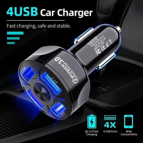 3A Car Charger QC3.0 4 USB Car Charger PC Retardant Material Stable Current Output LED Light One For Four Car Phone Charger