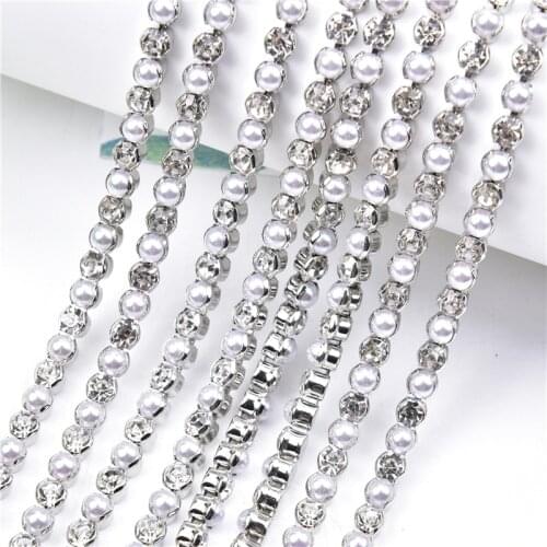 3mm Pearl and Rhinestone Chain Glass Crystal Silver Base Sew on Wedding Dress Belt Collar Bags Shoes Decorative Trim Border