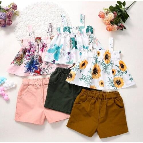 2021 Summer Kids Baby Girl Sleeveless Floral Tank Tops Shorts Pant Bottom 2PCS Clothing Set