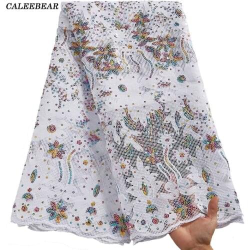 Latest White African Mesh Lace Fabric 2021 High Quality Sequins French Lace Fabric 3D Applique Cord Lace For Wedding Dress S2581