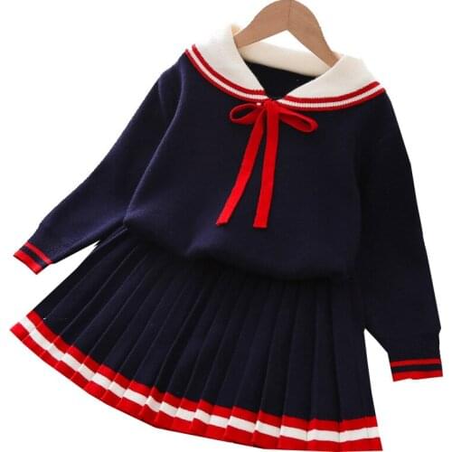 New 2021 winter Fashion kids girls clothes knitted bow pullover sweater tops and skirts