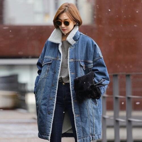 New 2021 Autumn Winter Jacket Women Wool lining jean Coats With 4 Pockets Warm Parkas Coat Long Outwear Denim Jacket V916