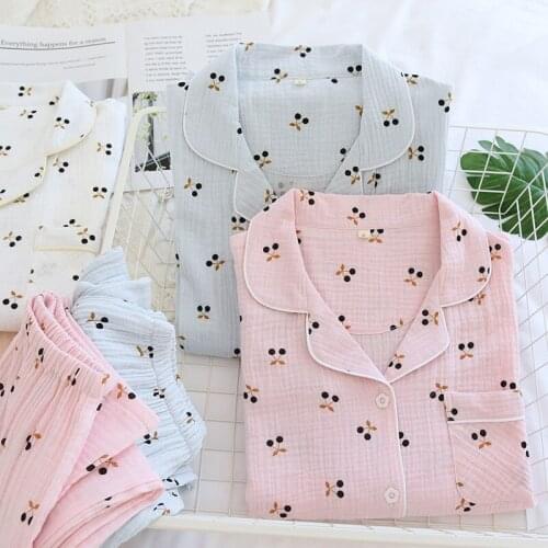 Cherry Crepe cotton pajamas set women autumn long sleeve top pants 2 piece set home clothes casual comfortable sleepwear