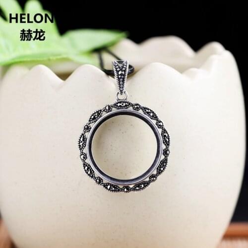 925 Sterling Silver Women Pendant 20x20mm Round Cabochon Semi Mount Pendant fit Amber Turquoise Setting Art Deco