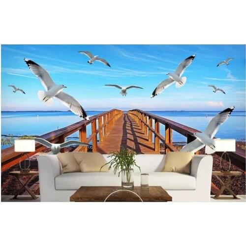 Custom photo wallpaper 3d wallpaper for walls 3 d Seaside sky wooden bridge seagull mural TV background wall decorative painting