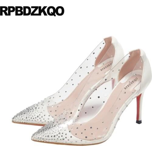 Pvc Golden Prom Scarpin White Clear Pointed Toe Shoes Diamond Stiletto Crystal Gold Party High Heels Pumps Women Transparent