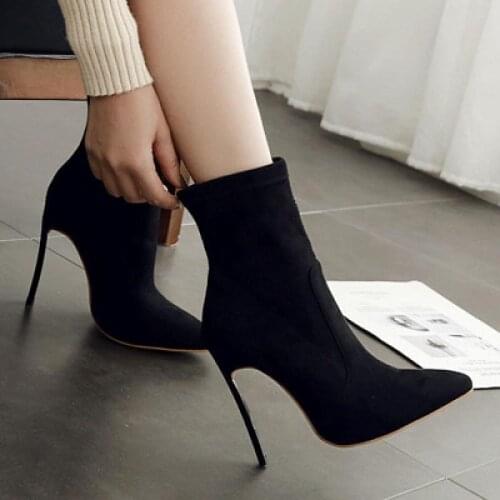 New Winter flock Womens pumps business Female warm Pointed Ankle Boots Party Wedding Fashion Thin Heeled Lady Footwear