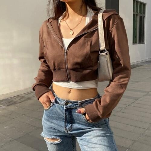 Waatfaak Velvet Zip Up Brown Hoodies Long Sleeve Harajuku Vintage Hoodies Black Y2K Aesthetic Korean High Street Top Autumn 2020