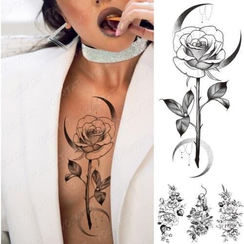 Waterproof Temporary Tattoo Sticker Rose Flower Moon Pearl Chain Flash Tattoo Female Black Sexy Body Art Chest Fake Tattoo Male