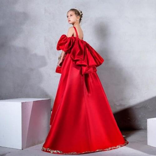 High-end Lace stitching Girls evening dress Kids Catwalk Trailing princess dress for girl birthday party Gown vestidos L350