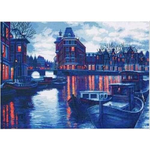 Top Quality Counted Lovely Beautiful Counting Cross Stitch Kit Channel in the Twilight Boat Port Evening Sunset Night