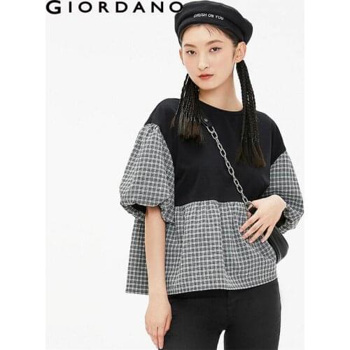 Giordano Women Tshirts Weaving Plaid Collage Loose Crewneck Tee Shirts Short Sleeves Lotus Hem Short Sleeves T-shrits 18321605