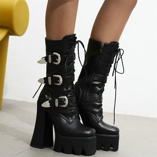 High Top Winter Warm Shoes Women Lace Up Round Toe High Heel Motorcycle Boots Female Chunky Platform Pumps Shoes Casual Shoes