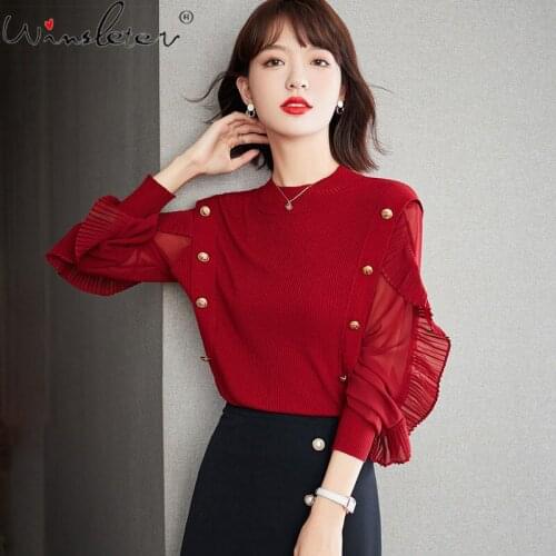 Red Sweater Women Design Ruffles Buttons Lantern Sleeve Pullover Knitwear Tops Jumper Spring Autumn 2021 T18803A