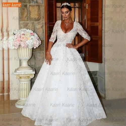 Arabian Pearls Lace Wedding Dress for Women Lace Appliqus Beaded Sexy Ball Gown Bride Dresses Custom Made 2020 Vestido De Novia