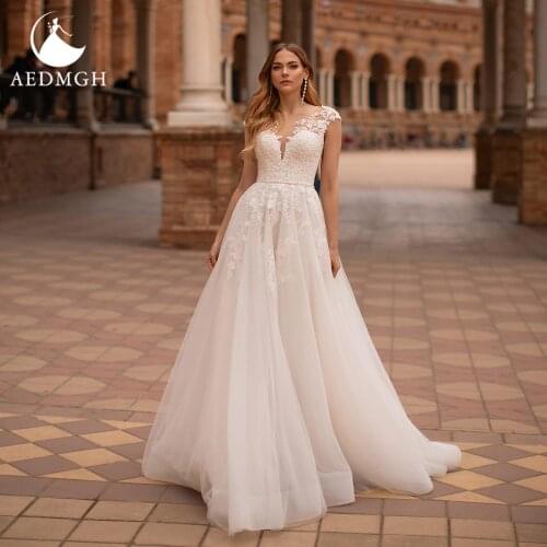 Aedmgh A-Line Boho Wedding Dresses 2021 Sweetheart Cap Sleeve Vestido De Novia Delicate Appliques Court Train Robe De Marige