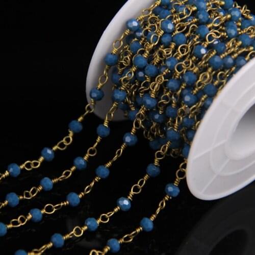 5Meter 3x4mm Dark Blue Glass Bead Wire Wrapped Brass Rosary Chain,Blue Crystal Glass Quartz Faceted Rondelle Chain Necklace