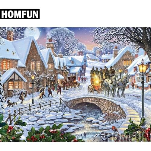 HOMFUN Full Square/Round Drill 5D DIY Diamond Painting "Winter Village" 3D Embroidery Cross Stitch 5D Home Decor A00814
