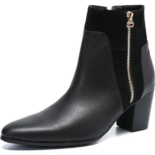 7.5cm High Heels Formal Black Leather Boots Men Pointed Toe Mens Boots Business Gentleman botas hombre Party Boots Men