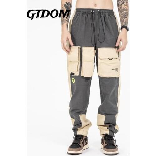 GTDOM Man 2021 Autumn Winter New Pants Polyester Casual Solid Color Simple Patchwork Multiple Pockets Belt Loose Trousers
