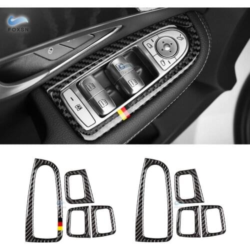 For Mercedes Benz C Class W205 C180 C200 C300 GLC260 4pcs Carbon Fiber Window Switch Armrest Panel Cover Sticker Trim