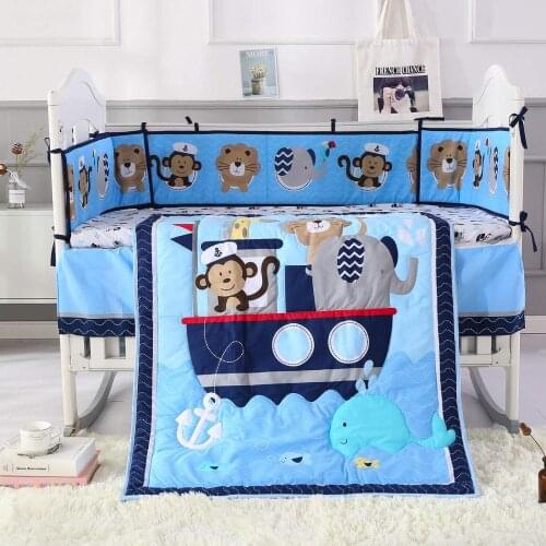 7PCS Baby Crib Bedding Set Girls Boys Cartoon Newborn Baby Bed Linen Infant Crib Protector (4bumper+duvet+bed cover+bed skirt)