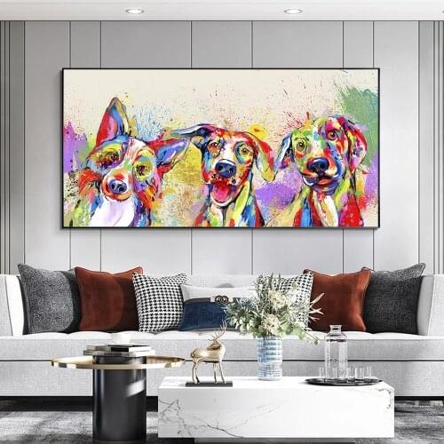 Colorful Three Dog Canvas Print Paintings Abstract Animal Wall Art Modular Decorative Pictures For Living Room Kid Bedroom Decor
