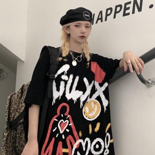 Harajuku Cool Women Hipster T Shirt 2021 Summer Man O Neck Abstract Letter Streetwear Loose White Black Top Cotton Hip-hop Rock