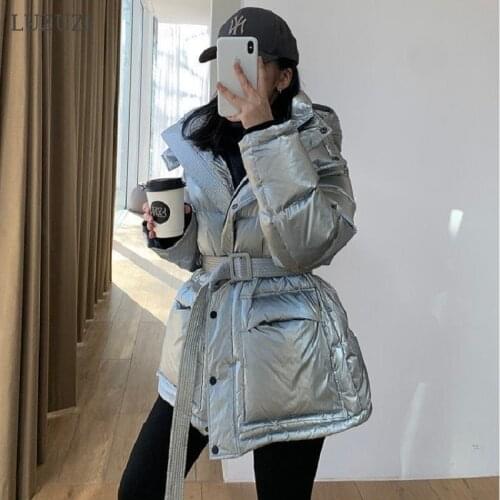 LUZUZI 2021 New Glossy Womens Down Jacket Winter 90% White Duck Down Coat Female Puffer Parkas Hooded Belt Waterproof Overcoat