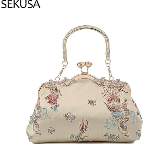 Vintage Style Embroidery Small Evening Bags Diamonds Metal Handle Handbags Bucket Shaped Party Wedding Clutch