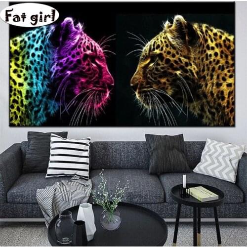 4-color cheetah facing each other diy embroidery diamond painting mosaic 5D square round wall art cross stitch modern home decor