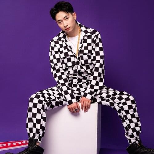 2020 new mens black white checkered overalls big-name style tooling jacket hip-hop multi-pocket mens sports pants