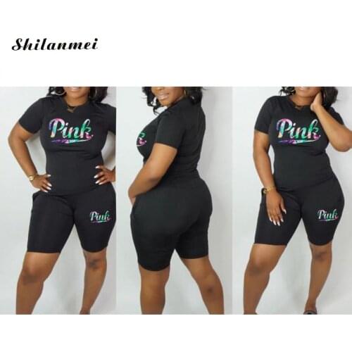 Large Size Women Tracksuit Casual Two Piece Shorts Suit Pink Letter Print Tops And Bodycon Shorts Sport Fashion Leisure Outfit