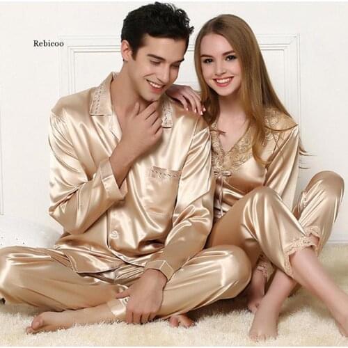 2 PCS Ladies Sexy Silk Satin Women Pajama Set Women Gold Pyjama Set Man Sleepwear Lace Spring Sleep Suit Long Home Clothes