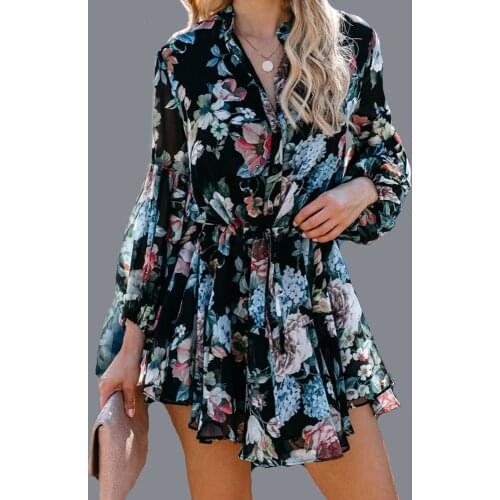 Casual Chiffon Print Mini Dress Woman Autumn Sexy Long Sleeve Lace Up Dresses For Women 2021 Black Floral Pleated Robe Femme