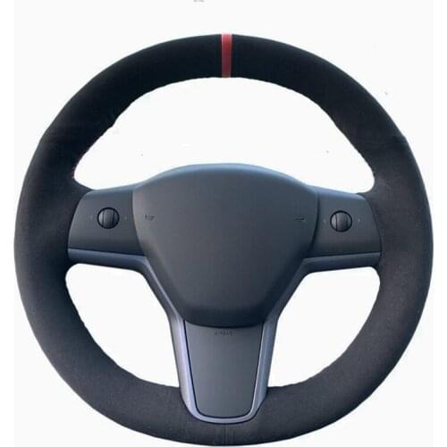 Hand-Stitched Soft Black Carbon Fiber Genuine leather Black Suede Car Steering Wheel Cover For Tesla model 3 2017-2020