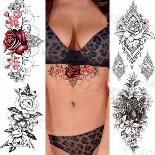 Sexy Rose Lace Pendant Chest Temporary Tattoos For Women Geometric Rose Tiger Fake Tattoo Underboob Body Art Flower Tatoo Decal
