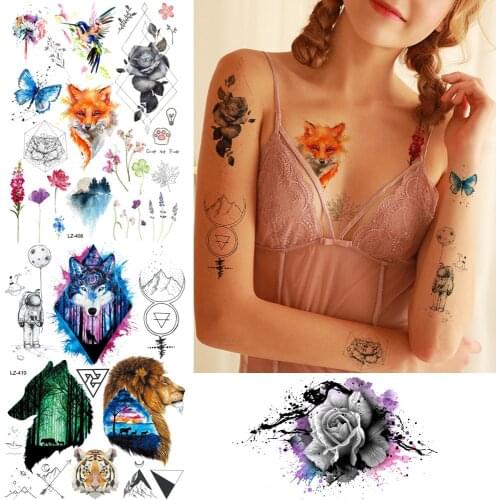 Flash Geometric Flower Tattoo Women Lion Tribal Wolf Watercolor Temporary Tatoo Sticker Fox Bird Space Body Fake Tattoos Paste
