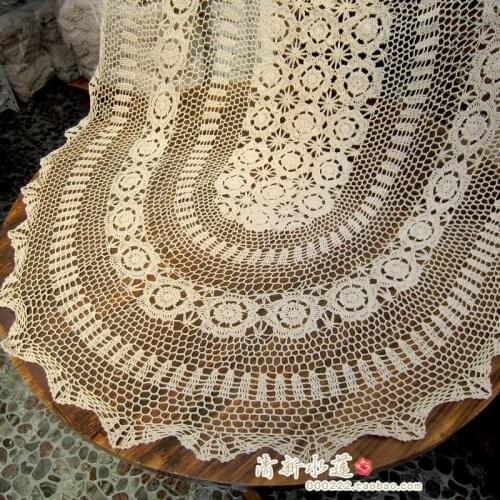 Fresh water lotus handmade crochet European retro hollow cotton lace woven white beige oval table linen