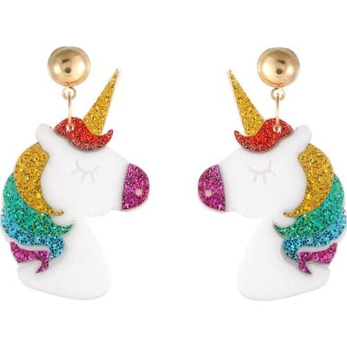 Female Colorful Glittery Rainbow Unicorn Earrings For Women Fairy Tale Little Horse Acrylic Earrings 2020 Fashion Jewelry E20036