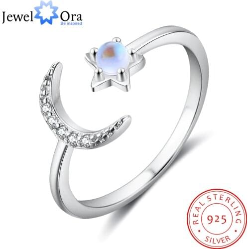 JewelOra 925 Sterling Silver Moonstone Open Adjustable Ring Female Jewelry Cubic Zirconia Stone Moon Star Rings for Women