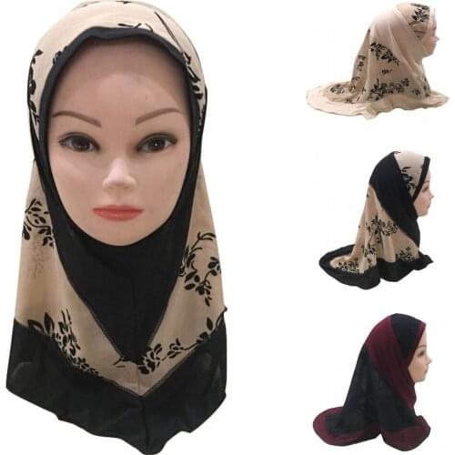 Children Kids Girls Muslim Islamic Arab Print Flower Hijab Turban Cap Hat