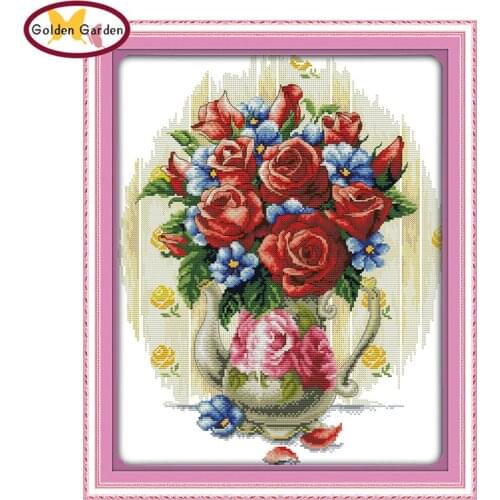 GG Rose Vase Joy Sunday Cross Stitch Needlework Embroidery Sets Handcraft Christmas Gift Flower Cross Stitch Kits for Home Decor