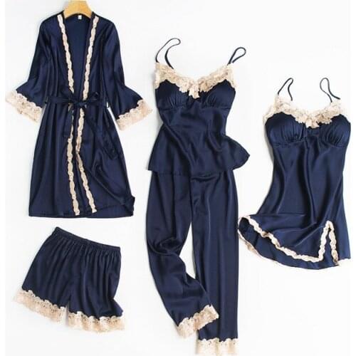5PCS Pajamas Set Navy Blue Women Rayon Robe Gown Nightwear Lace Home Clothing Softy Sleepwear Strap Lntimate Lingerie Sleep Suit
