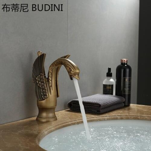 Brass Antique Brass Deck Mounted Bathroom Faucet Basin Faucet Hot Cold Mixer Crane Basin Faucet Water Column High Short Style
