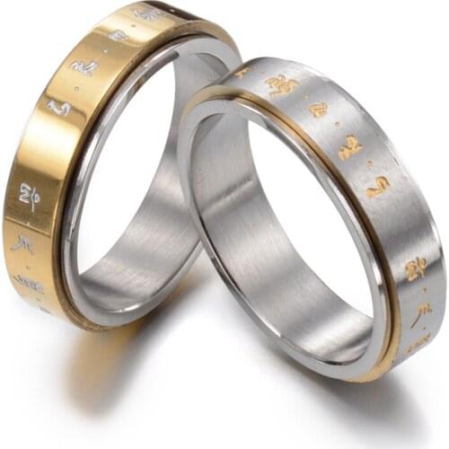 Mantra Rings Spinner for Good Luck Ring for Men Brushed Design with Bold Gold Color Letter Punk Style Titanium Steel Jewelry