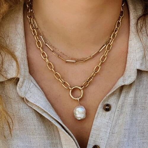 New Fashion Pearl Link Chains Necklace Choker for Women Vintage Thick Cuba Chains Pendant Necklace Statement Party Jewelry