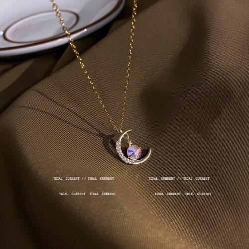 Titanium Steel Clavicle Chain Choker Necklace Zirconia Moon Colorful Crystal Planet Pendant Fashion Temperament Collar Necklaces