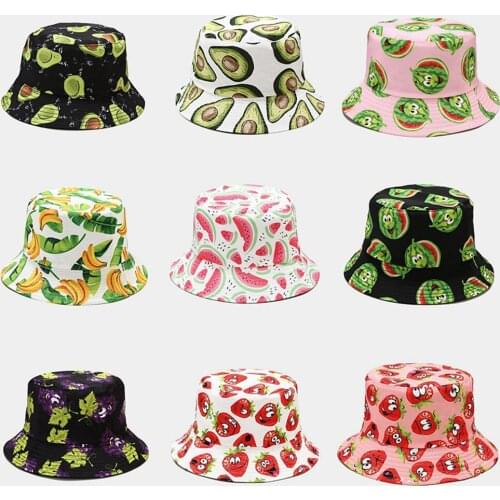 Unisex Fashion Bucket Hats Summer Double-sided Wear Fruit Printing Women Cap Outdoor Sun Hat Men Panama Foldable Fisherman Cap