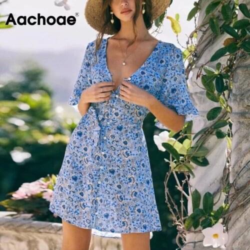 Aachoae Sexy V Neck Florla Print Mini Dresses Women Beach Style Short Sleeve Buttons Dress With Belt 2021 Summer Sundress